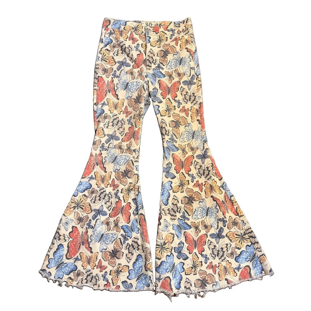 We The Free People Flare Bell Bottom Butterfly Print Jeans Women's 30 Boho Pants